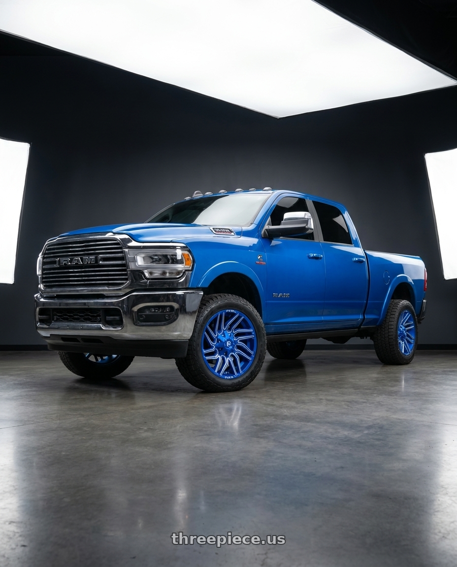 2022 ram 3500 with Fuel 1PC D774 TYPHOON 8X165.1 20X10 -18 ANODIZED BLUE MILLED wheels