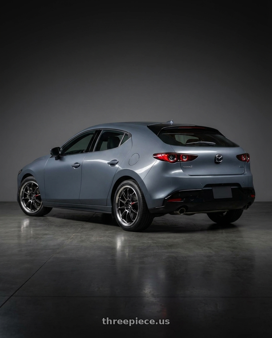 2022 mazda3 5d signature carbon packge Polymetal Grey Metallic with Work Emotion Zr10 5x100 18x7.5 +47 Glim Black Diamond Rim cut wheels rear three quarter view square tires