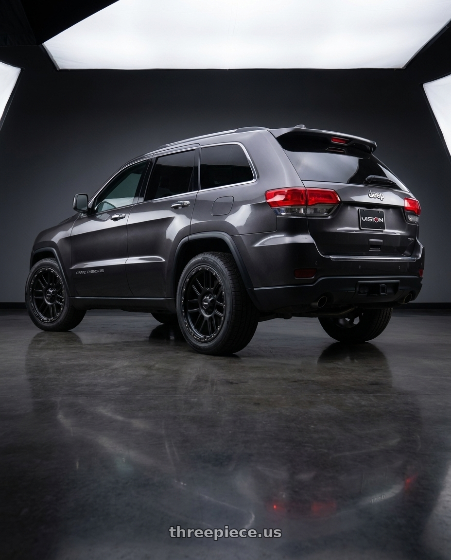2017 grand jeep cherokee limited  with Vision Off-Road 111 Nemesis 6x135 20x9+0 Matte Black wheels rear three quarter view square tires
