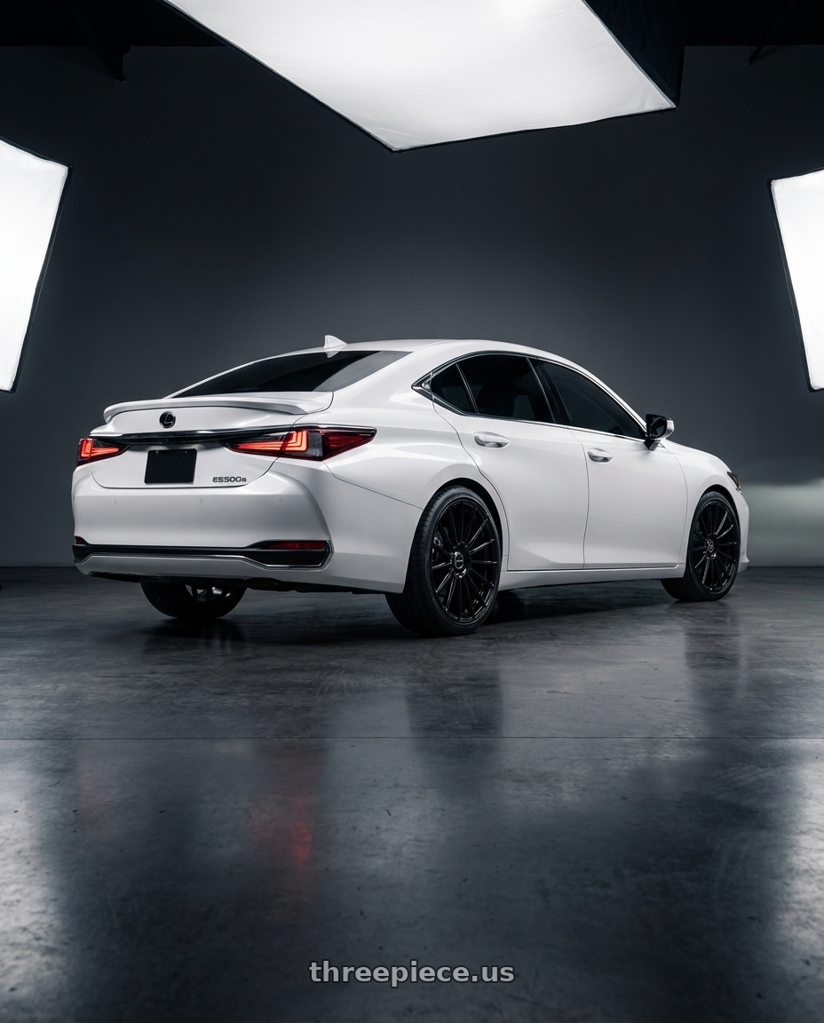 2027 LEXUS ES500e with VOSSEN HF-8 6X139.7 24x10 +25 GLOSS BLACK wheels rear three quarter view slight stretch tires