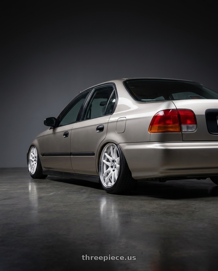 2000 honda civic DX sedan with Work Cr 2P 4x100 16x7 +38 Gloss White wheels rear three quarter view slight stretch tires