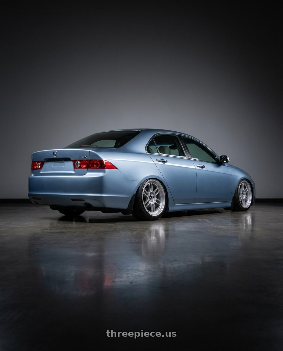 2005 Acura Tsx with Enkei RPF1 5x114.3 17x8+45 Silver wheels rear three quarter view slight stretch tires