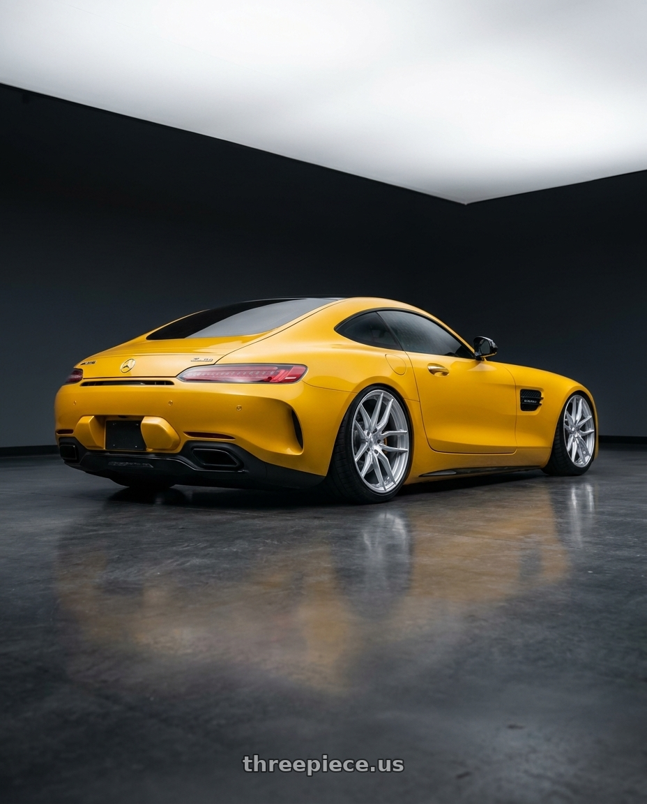 2019 Mercedes-Benz AMG GT with Aodhan AFF2 5x112 20x10.5+35 Gloss Silver Machined Face wheels rear three quarter view slight stretch tires