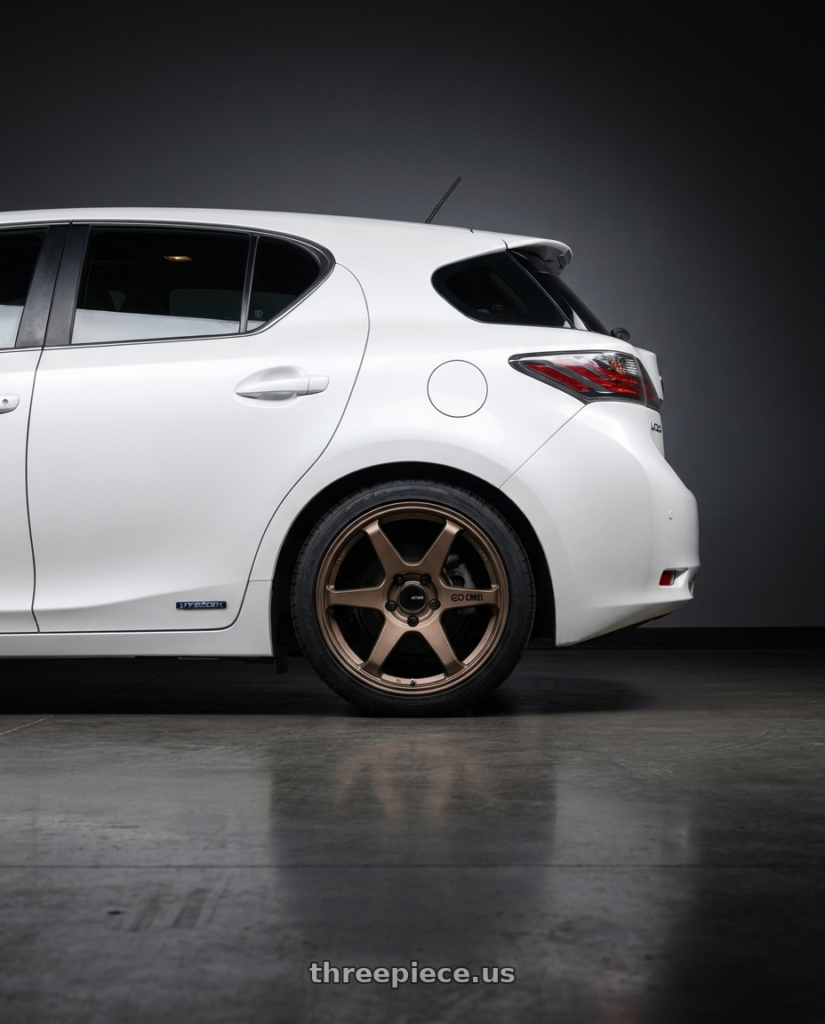 2012 lexus ct200h with Enkei T6R 5x100 17x8+45 Matte Bronze wheels rear three quarter view square tires