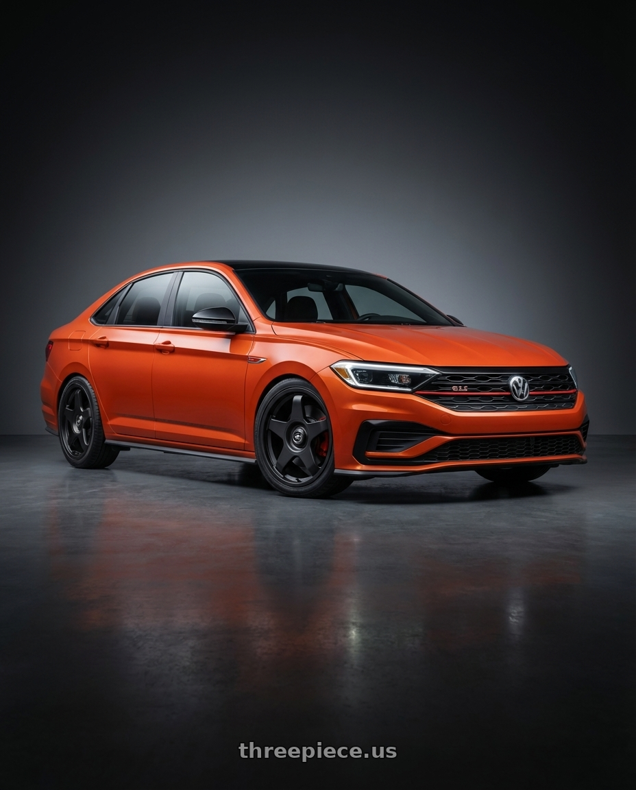 2023 Volkswagen Jetta GLI MK7 with fifteen52 CHICANE 5x112 / 5x120 18x8.5 +35 ASPHALT BLACK (SATIN BLACK) wheels front three quarter view lowered stance