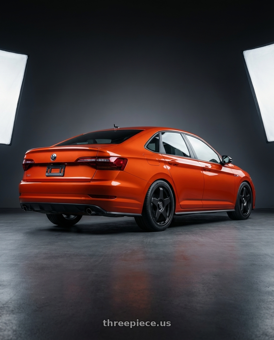 2023 Volkswagen Jetta GLI MK7 with fifteen52 CHICANE 5x112 / 5x120 18x8.5 +35 ASPHALT BLACK (SATIN BLACK) wheels rear three quarter view square tires