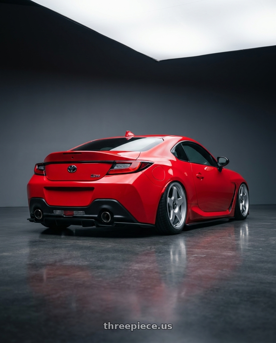2024 Toyota GR86 with fifteen52 CHICANE 5x114.3 / 5x100 18x8.5 +35 SPEED SILVER (GLOSS SILVER) wheels rear three quarter view slight stretch tires