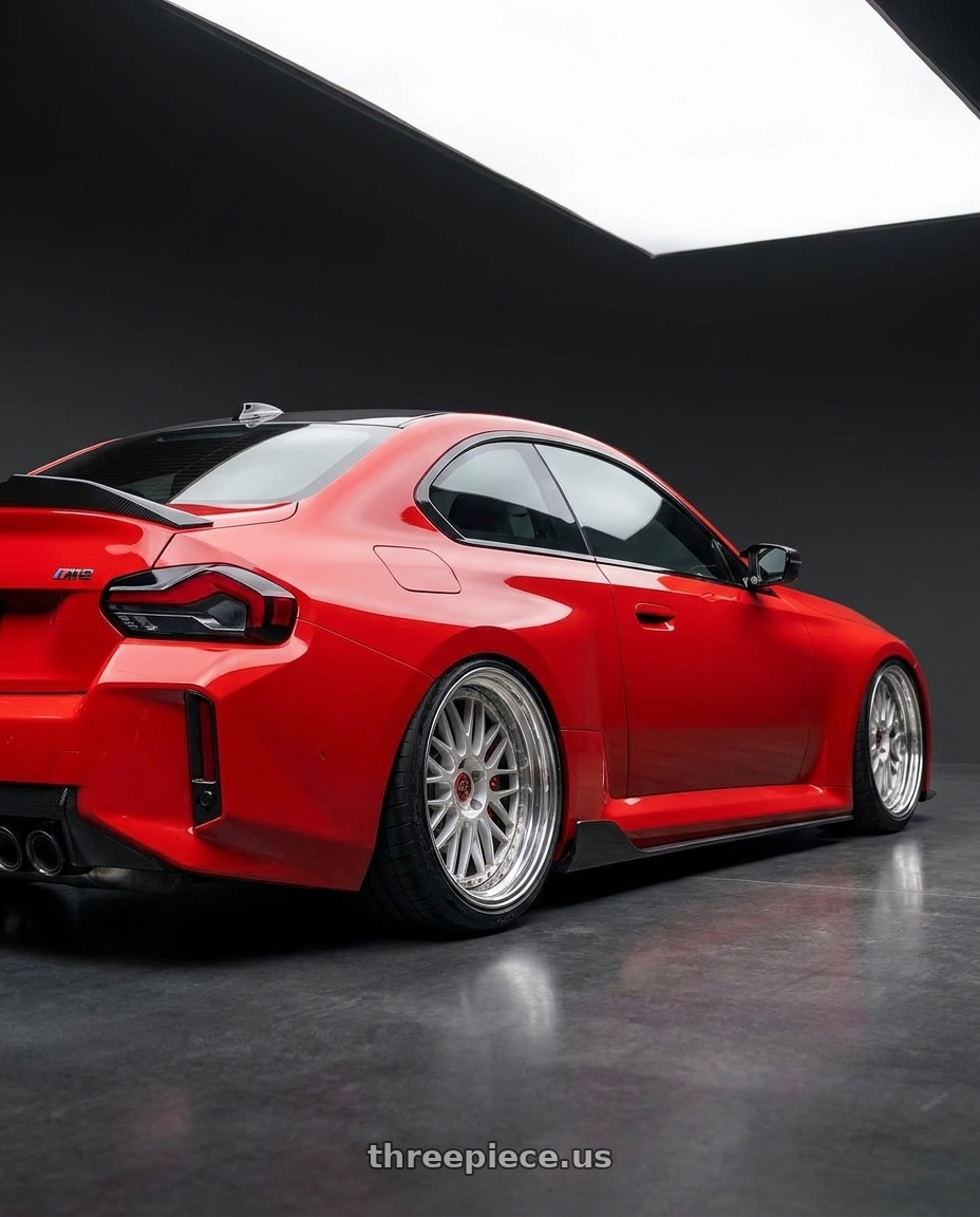 2024 bmw m2 G87 with Work Wheels VS-KF 5x112 19x10+16 Light Grey Silver L Disk FULL REVERSE wheels rear three quarter view extreme stretch tires
