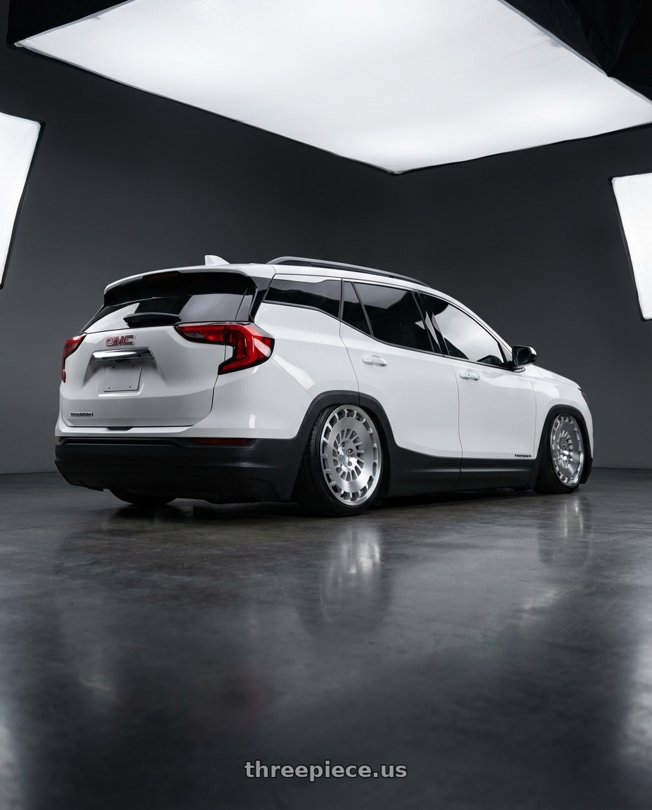 2019 gmc terrain with Rotiform 1PC R135 CCV 5X112 18X8.5 +45 GLOSS SILVER MACHINED wheels rear three quarter view slight stretch tires