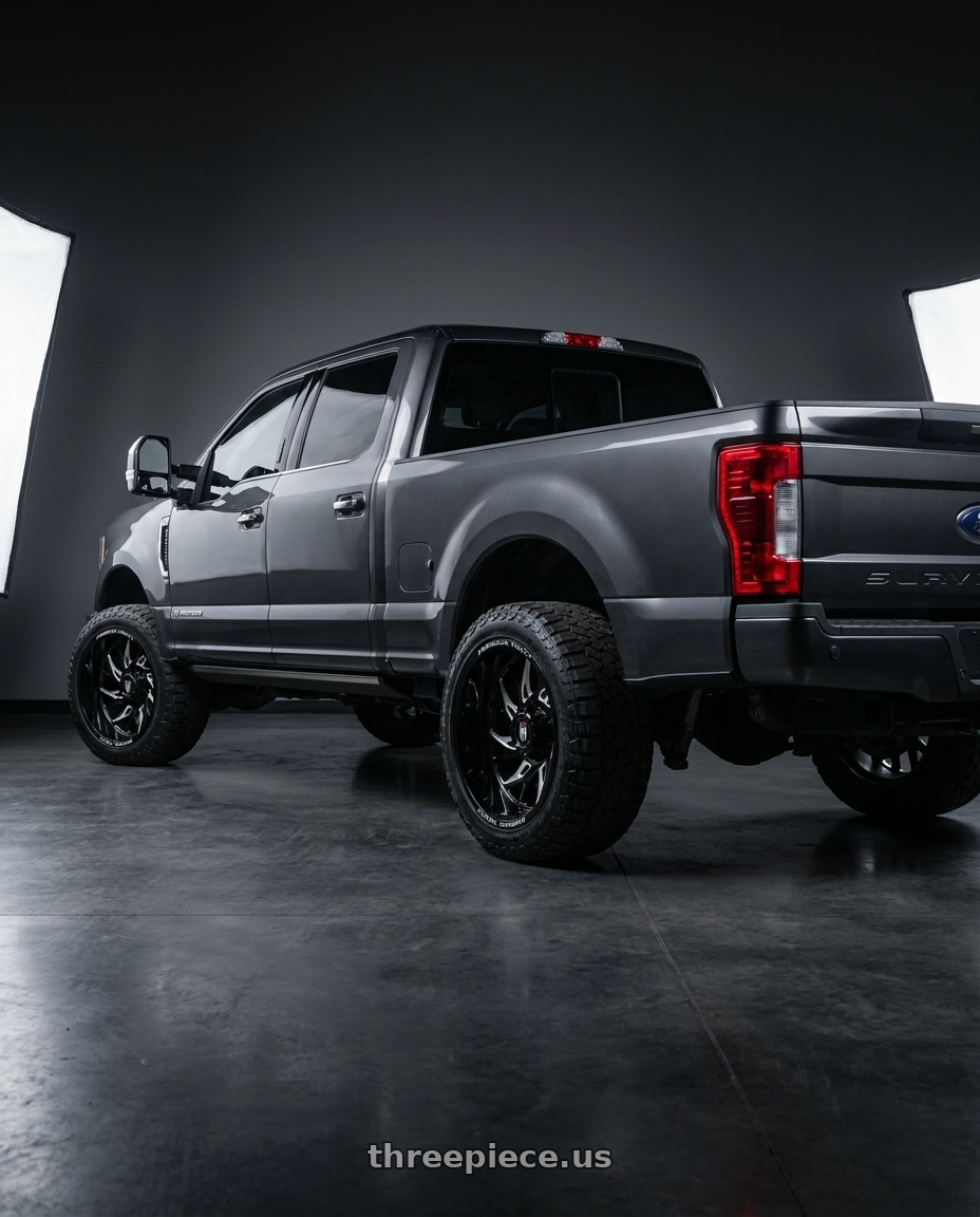 2019 ford f250 limited dark gray with American Truxx Destiny AT1913 8x170 24x14-76 Black/Milled wheels rear three quarter view slight stretch tires