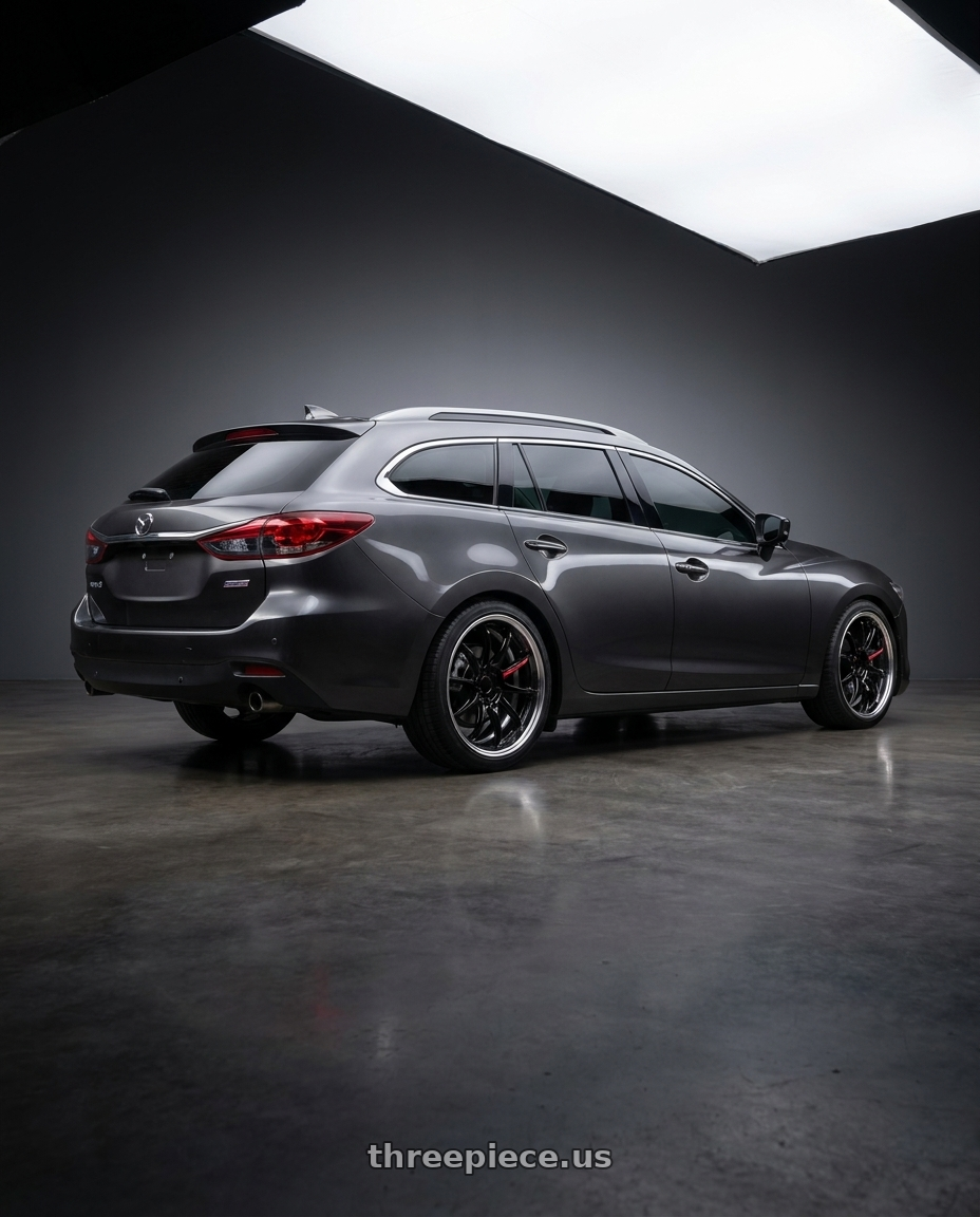 2019 Mazda 6 wagon with Work Zr10 2P 5x114.3 18x10.0 +45 Black wheels rear three quarter view square tires