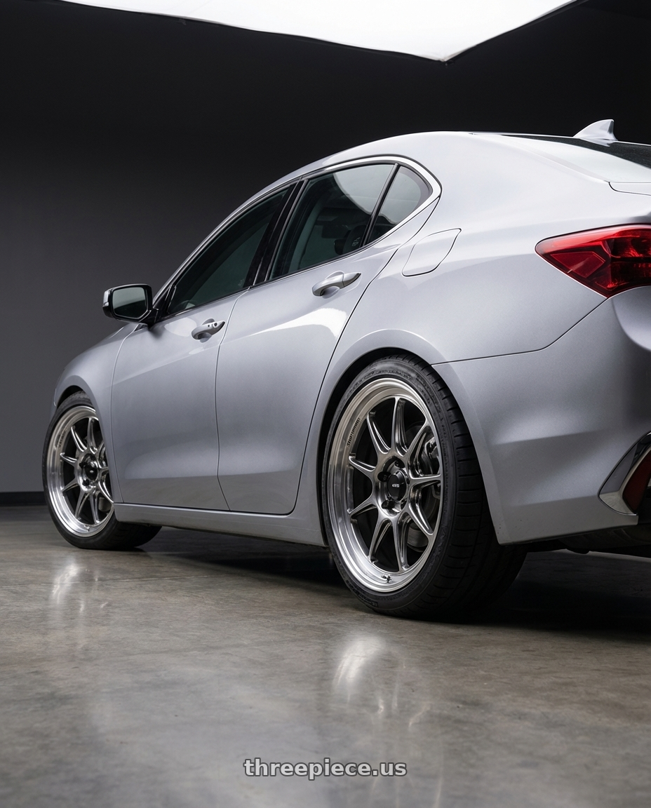 2019 Acura TLX with Konig Countergram 5x114.3 19x8.5+43 Hyper Chrome / Machined Lip wheels rear three quarter view square tires