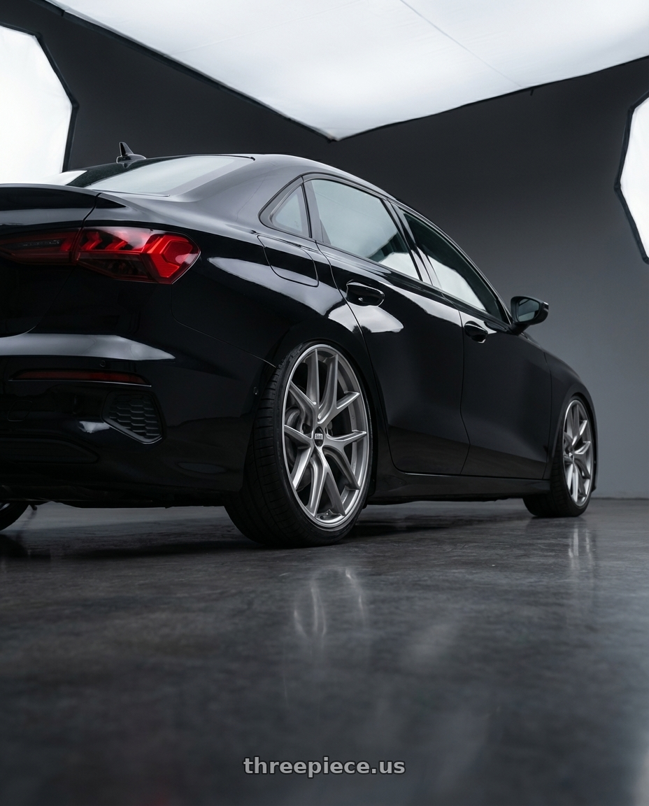 2022 Audi A3 with BBS CI-R 5x112 19x8.5 +45 Platinum Silver Polished Rim Protector wheels rear three quarter view square tires