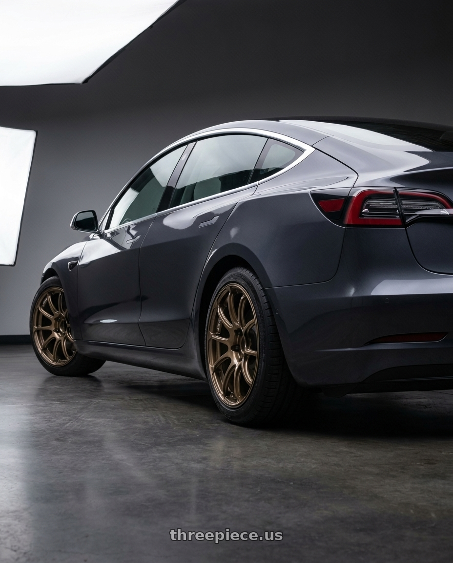 2019 tesla model 3 with Advan Racing RZII 5x114.3 19x8.5 +38 RACING BRONZE wheels rear three quarter view square tires