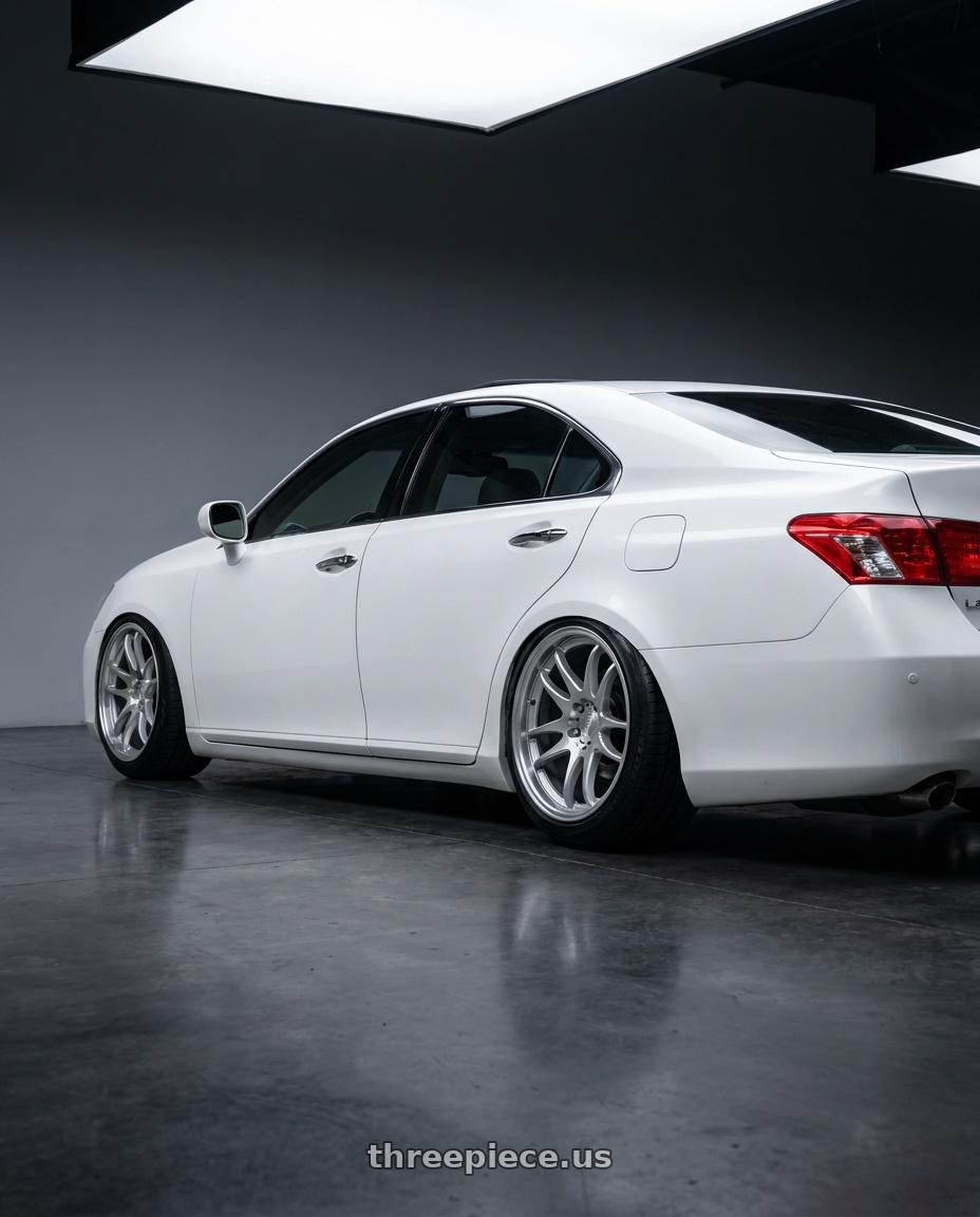 2007 Lexus es 350 with Aodhan DS06 5x114.3 19x8.5 +35 Silver W/machined Face wheels rear three quarter view meaty tires
