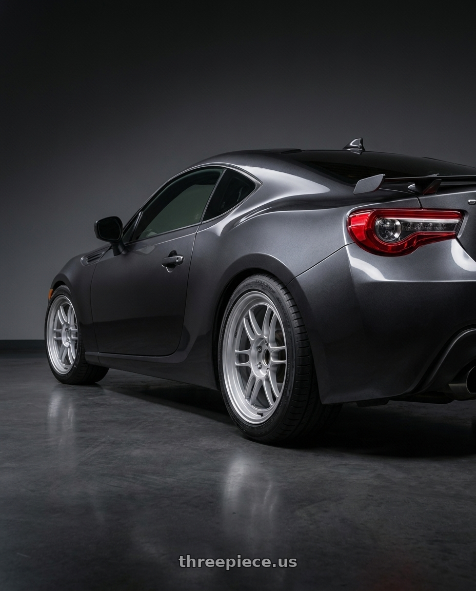 2018 Subaru BRZ Premium with Enkei RPF1 5x100 17x9+35 Silver wheels rear three quarter view square tires