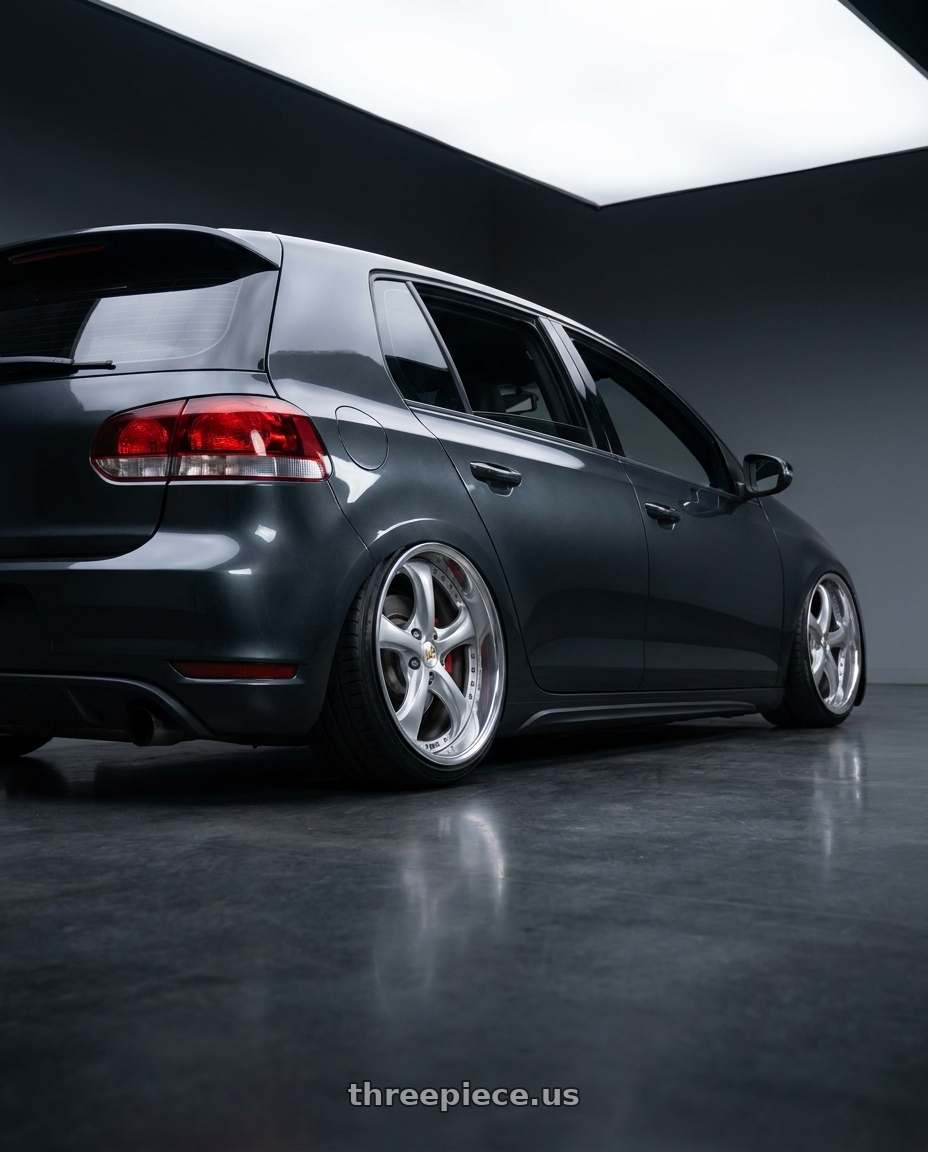 2013 Volkswagen Golf R with Work Wheels VS-KF 5x112 18x9.5+39 Light Grey Silver R Disk FULL REVERSE wheels rear three quarter view extreme stretch tires