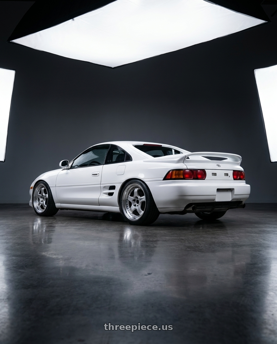 1992 toyota mr2 base white  with Work Meister S1 3P 5x114.3 17x8+41 O Disk Silver wheels rear three quarter view square tires