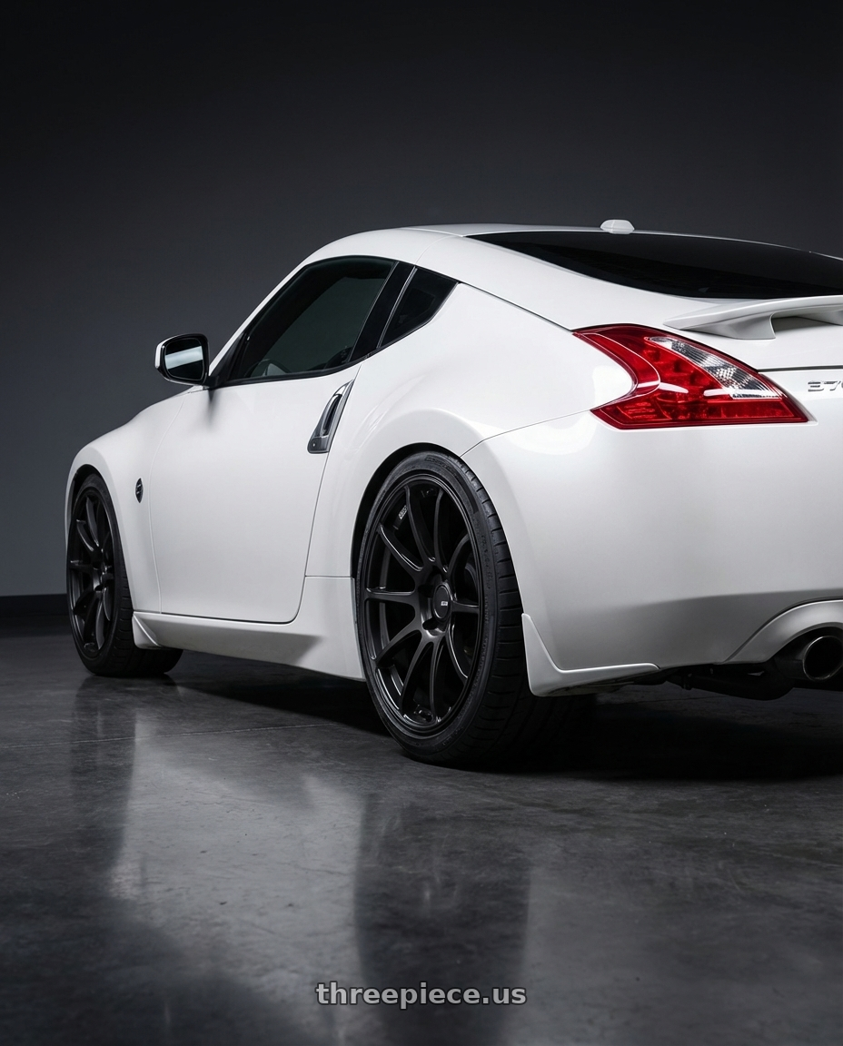 2019 Nissan 370Z with Ssr Gtv02 5x114.3 19x8.5+38  FLAT BLACK wheels rear three quarter view square tires