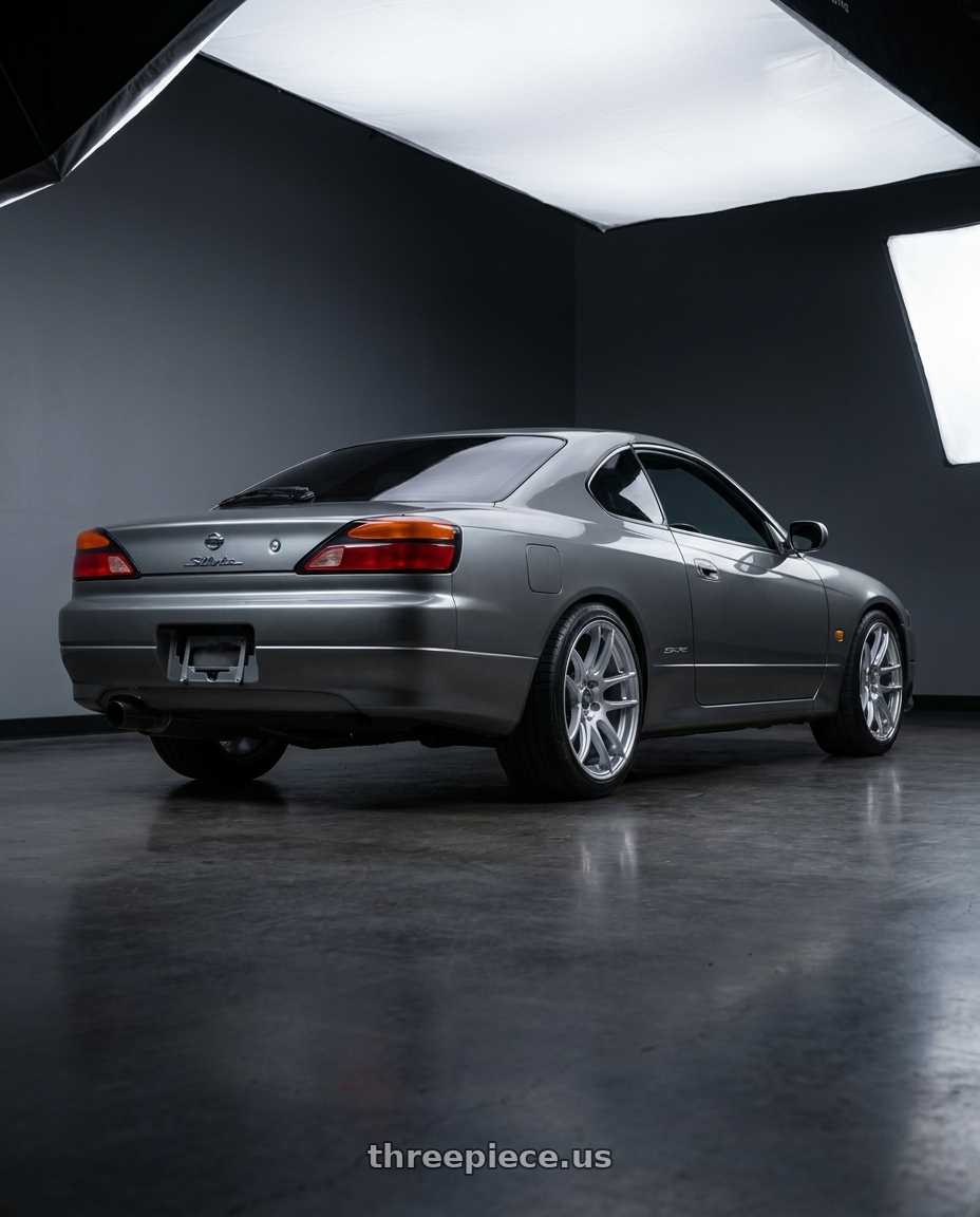 2001 Nissan Silvia S15 with ESR Wheels CS SERIES CS8 5x114.3 18x9.5 +35 Hyper Silver wheels rear three quarter view square tires