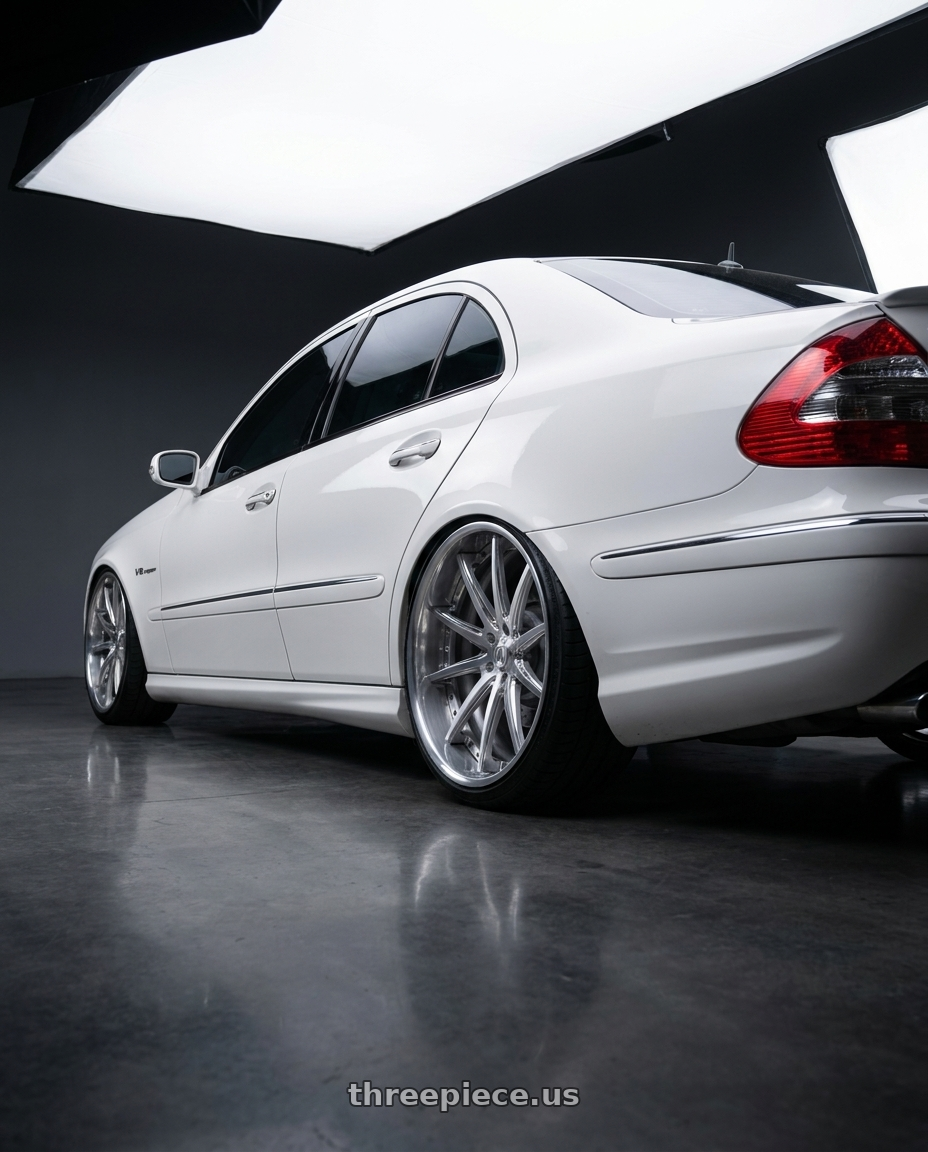 2006 Mercedes E500 with Asanti Forged CX507 5x108 21x11.5 +35 Chrome Brushed wheels rear three quarter view extreme stretch tires