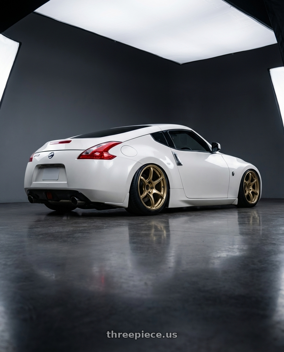 2019 Nissan 370Z with Advan RGIII 5x114.3 19x9.0+35 Gold wheels rear three quarter view slight stretch tires
