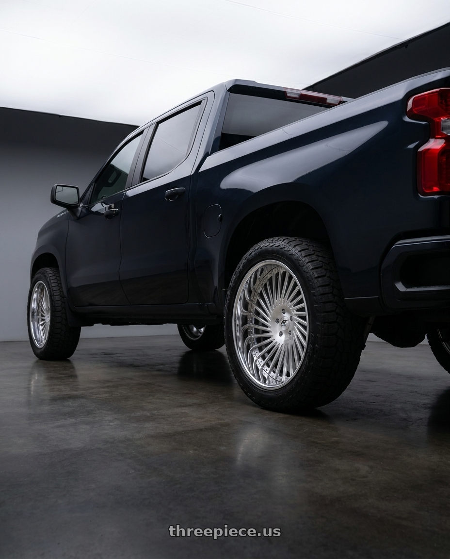 2020 Chevy Silverado 1500 custom 2.7l turbo with Amani Chile 5x112/5X114.3 22x9 +32 Brush Center Chrome Lip wheels rear three quarter view meaty tires
