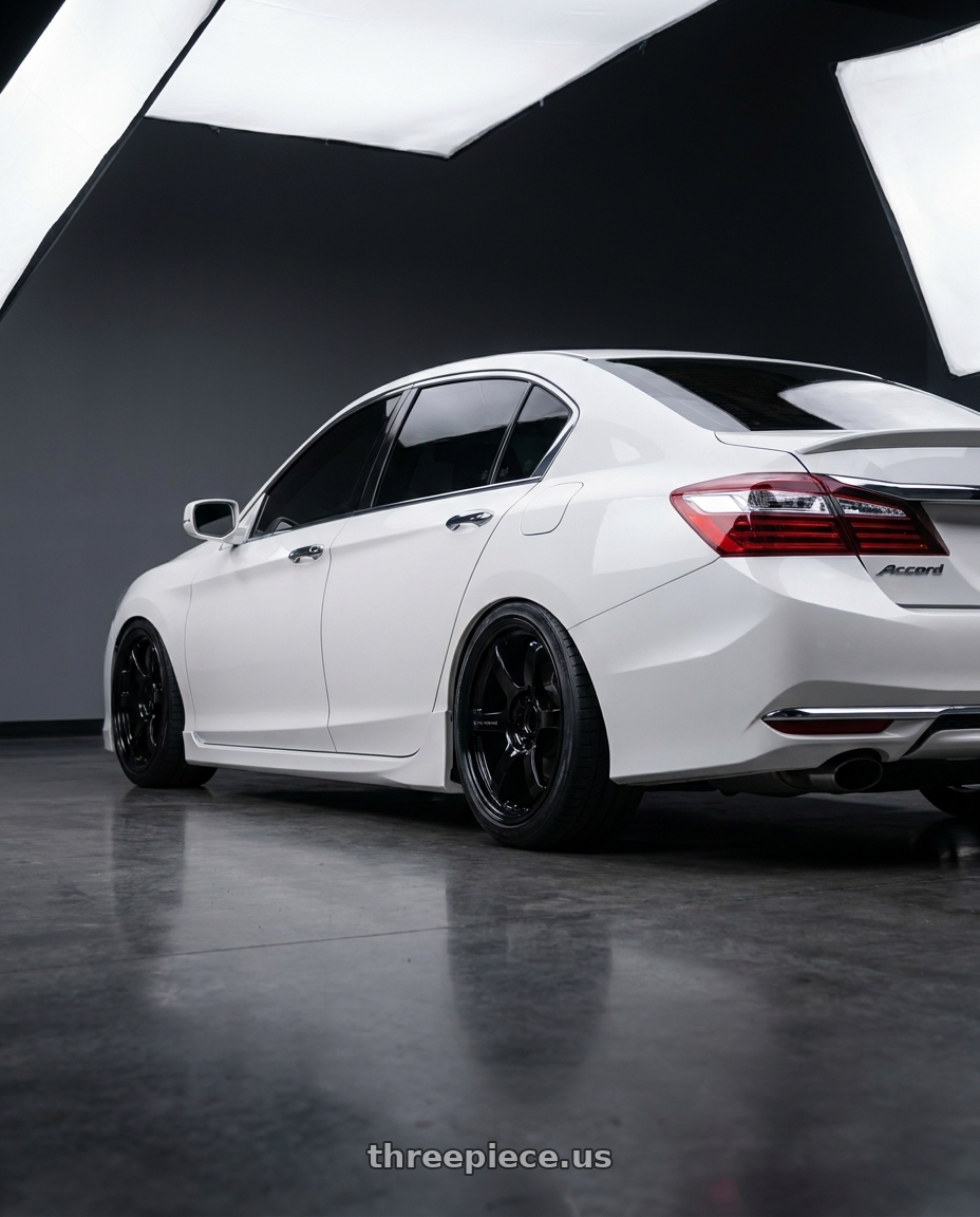 2016 Honda accord with Gram Lights 57DR 4x100 15x8 +35 GLOSS BLACK wheels rear three quarter view square tires