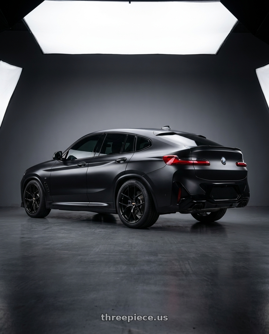 BMW X4 2025 with BBS FI-R 5x112 20x11.5+40 Satin Black wheels rear three quarter view square tires