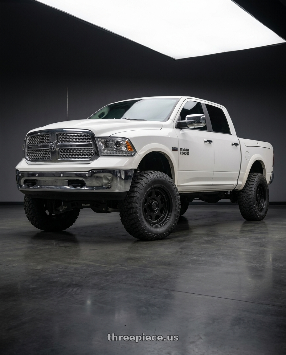 2016 ram 1500 Laramie white with Gear Off Road 774SB 5x139.7 17x8.5 +15 Satin black wheels