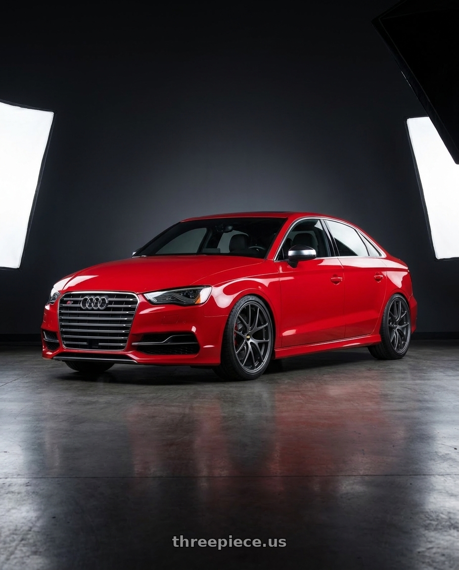 2017 Audi S3 with BBS RI-A 5x112 18x9.0+38 Matte Gray wheels front three quarter view lowered stance