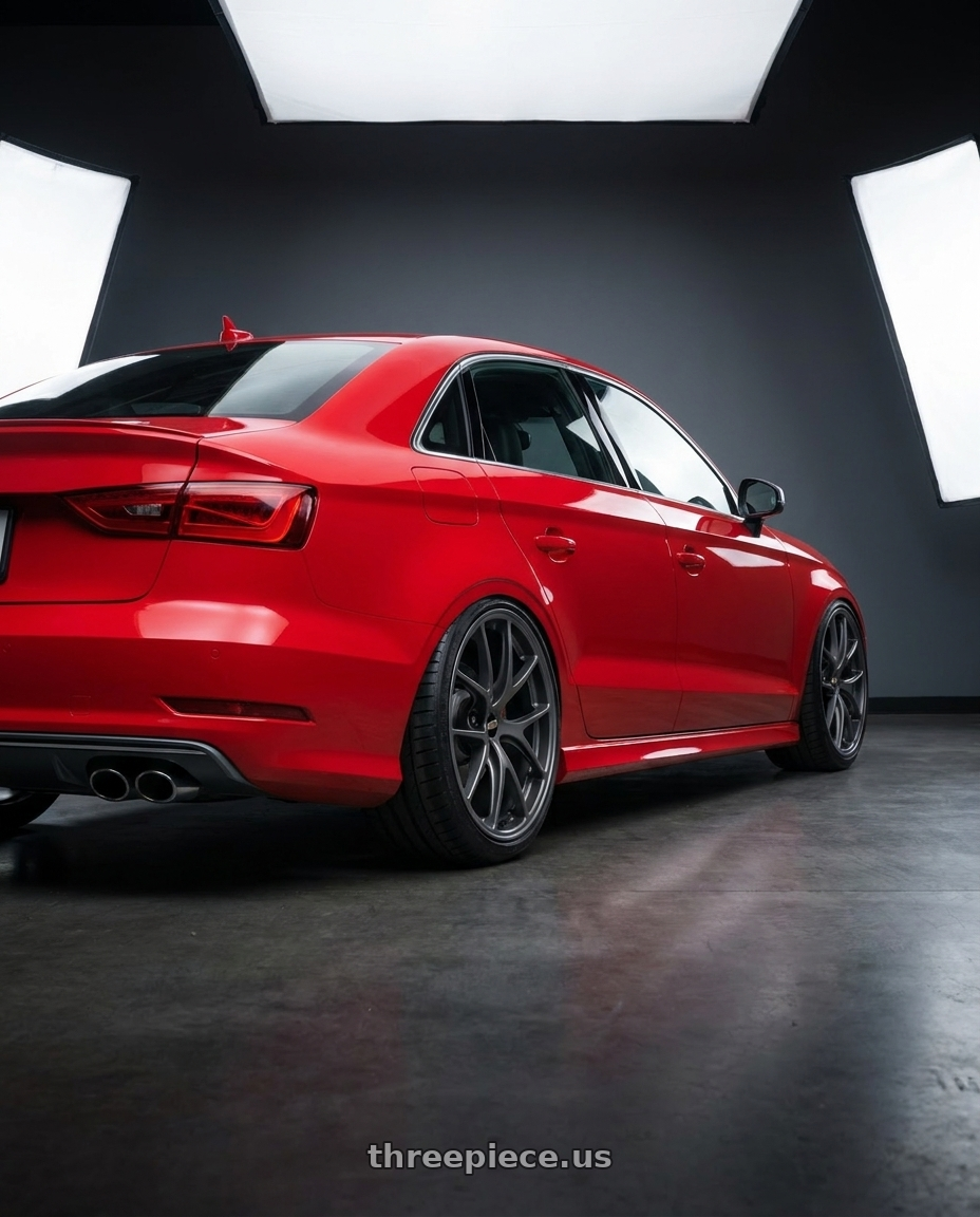 2017 Audi S3 with BBS RI-A 5x112 18x9.0+38 Matte Gray wheels rear three quarter view extreme stretch tires