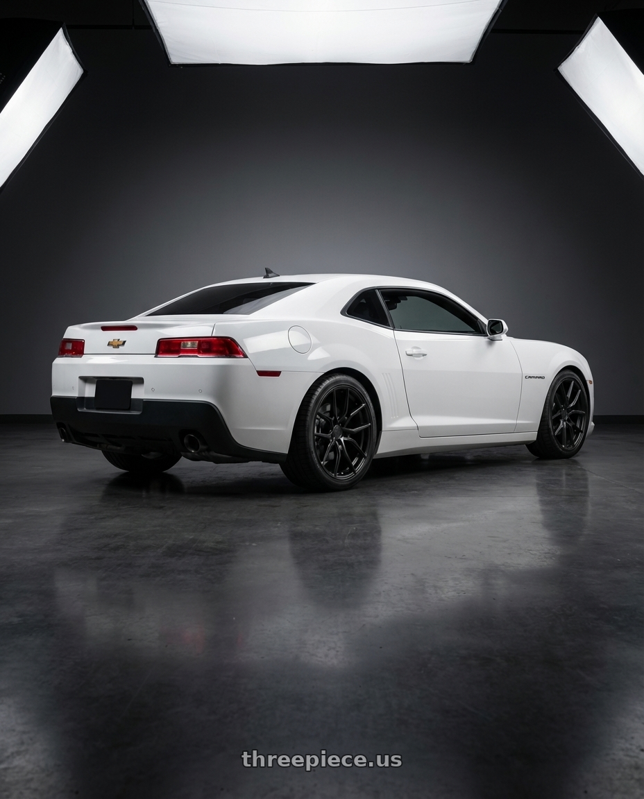 2014 Chevrolet Camaro 5th Gen with Aodhan AFF1 5x120 20x10.5+35 Matte Black wheels rear three quarter view square tires