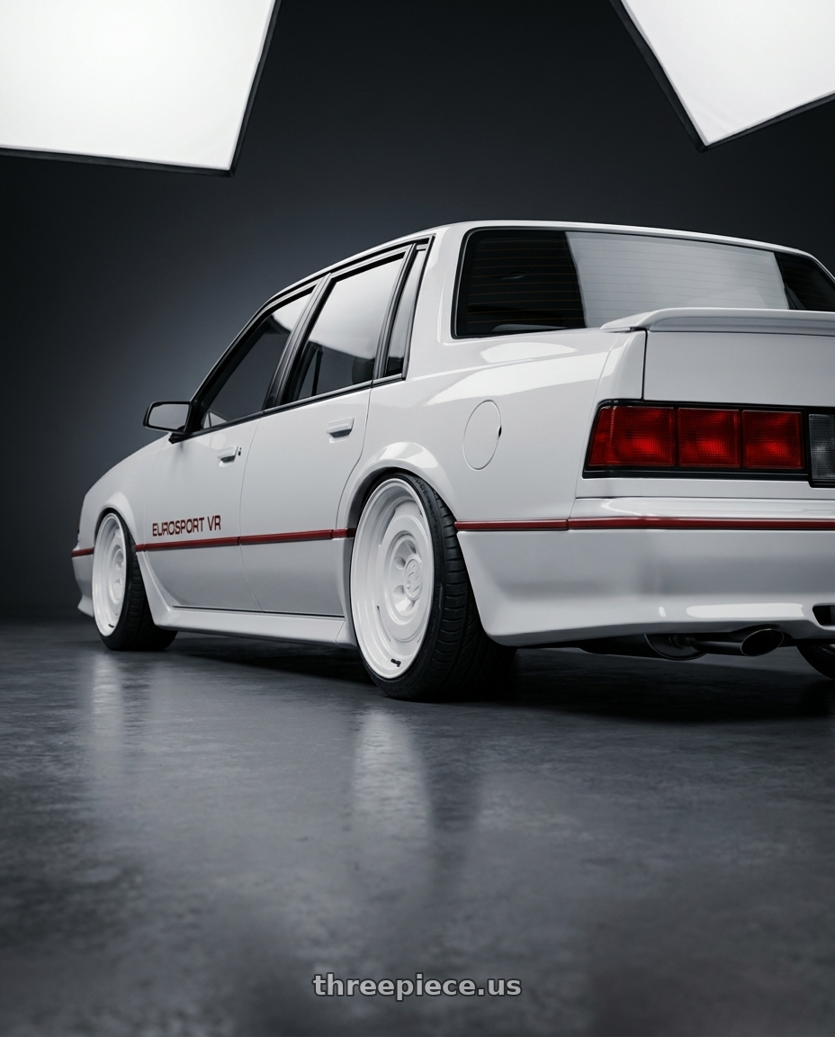 1987 Chevrolet Celebrity Eurosport VR with fifteen52 ANALOG HD 6x139.7 17x8.5 +0 CLASSIC WHITE (GLOSS WHITE) wheels rear three quarter view slight stretch tires