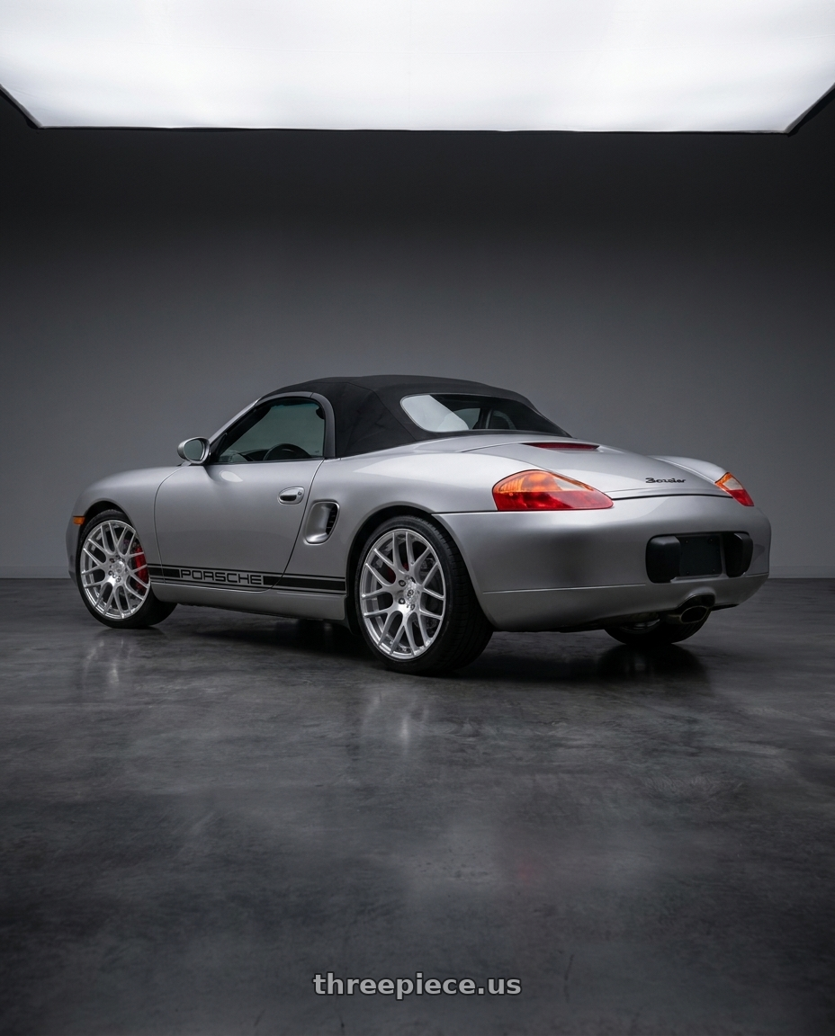 1999 porsche boxster with Avant Garde Wheels Ruger Mesh 5X130 19x11 +52 Liquid Silver wheels rear three quarter view slight stretch tires
