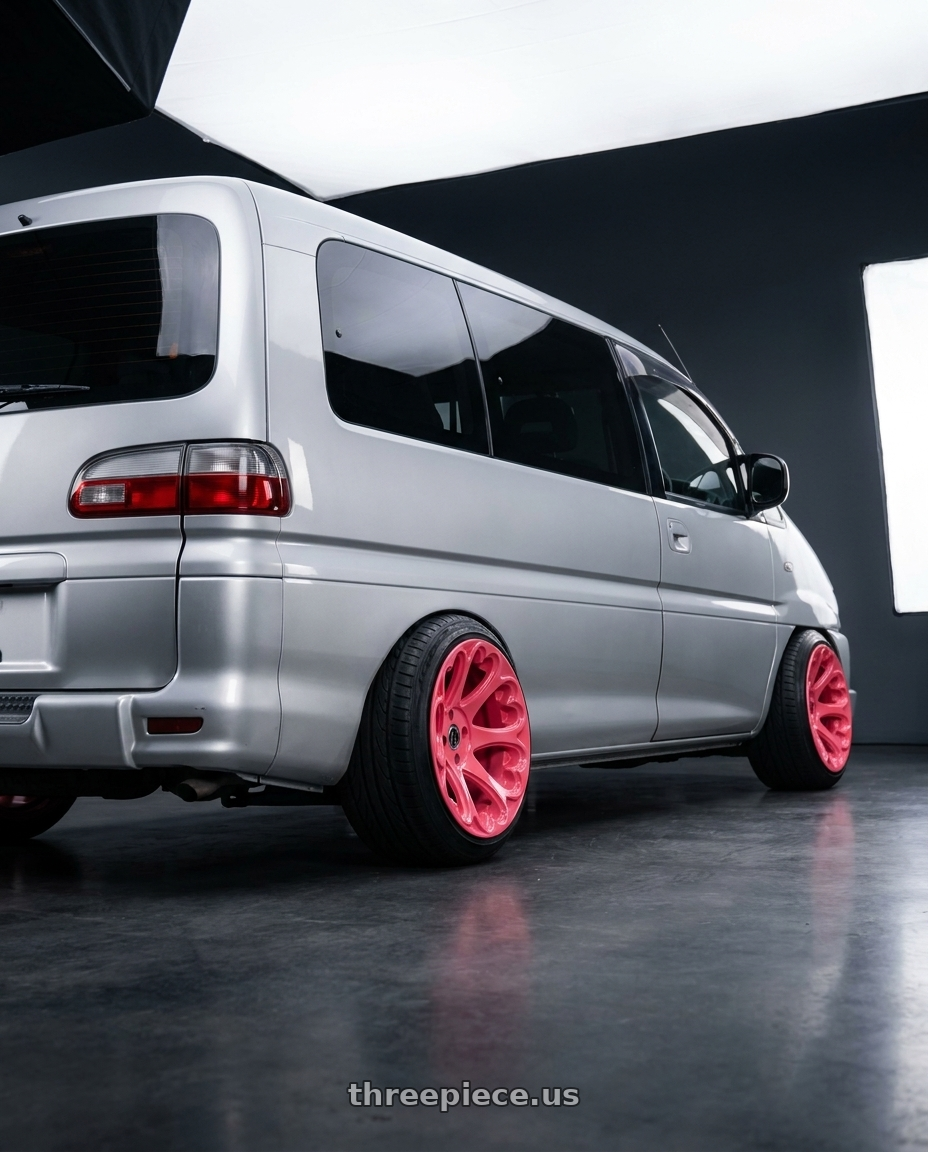 1995 Mitsubishi geo with Heritage Wheel Kokoro MonoC 4X100 15x8+0 Pink wheels rear three quarter view extreme stretch tires