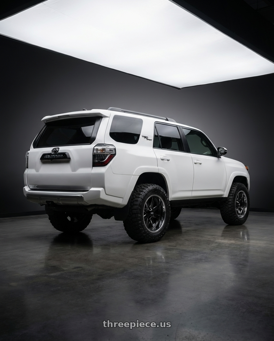 2022 Toyota 4Runner with Moto Metal MO200 6X139.7 20X10 -18 GLOSS BLACK MILLED CENTER CHROME LIP wheels rear three quarter view meaty tires