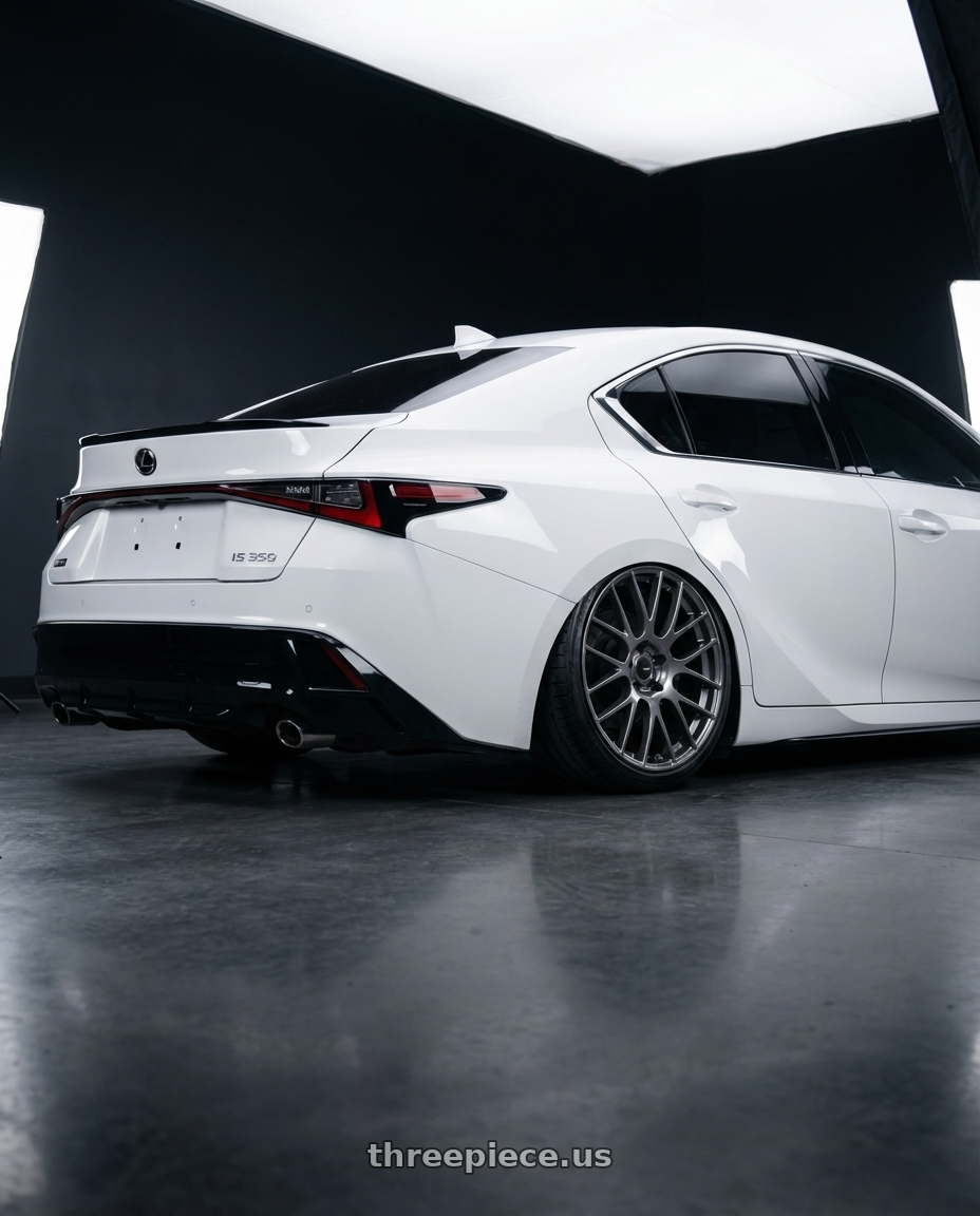 2024 Lexus IS 350 with Ssr Gtv04 5x114.3 19×8.5x8.5+45  METALLIC GRAY wheels rear three quarter view slight stretch tires