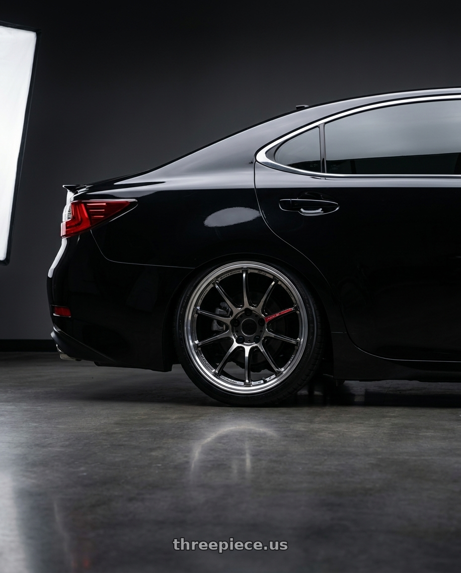 2017 Lexus ES 200 black with Work Emotion Zr10 5x100 18x7.5 +38 Glim Black Diamond Rim cut wheels rear three quarter view square tires