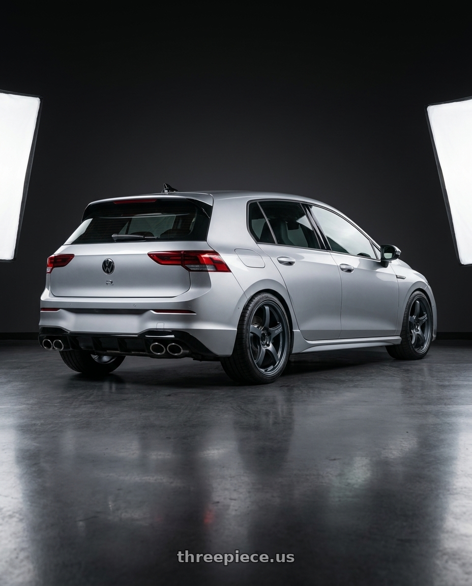 2024 Volkswagen Golf R MK8 with Gram Lights 57CR 5x112 19x9.5+25 Gunblue II wheels rear three quarter view square tires