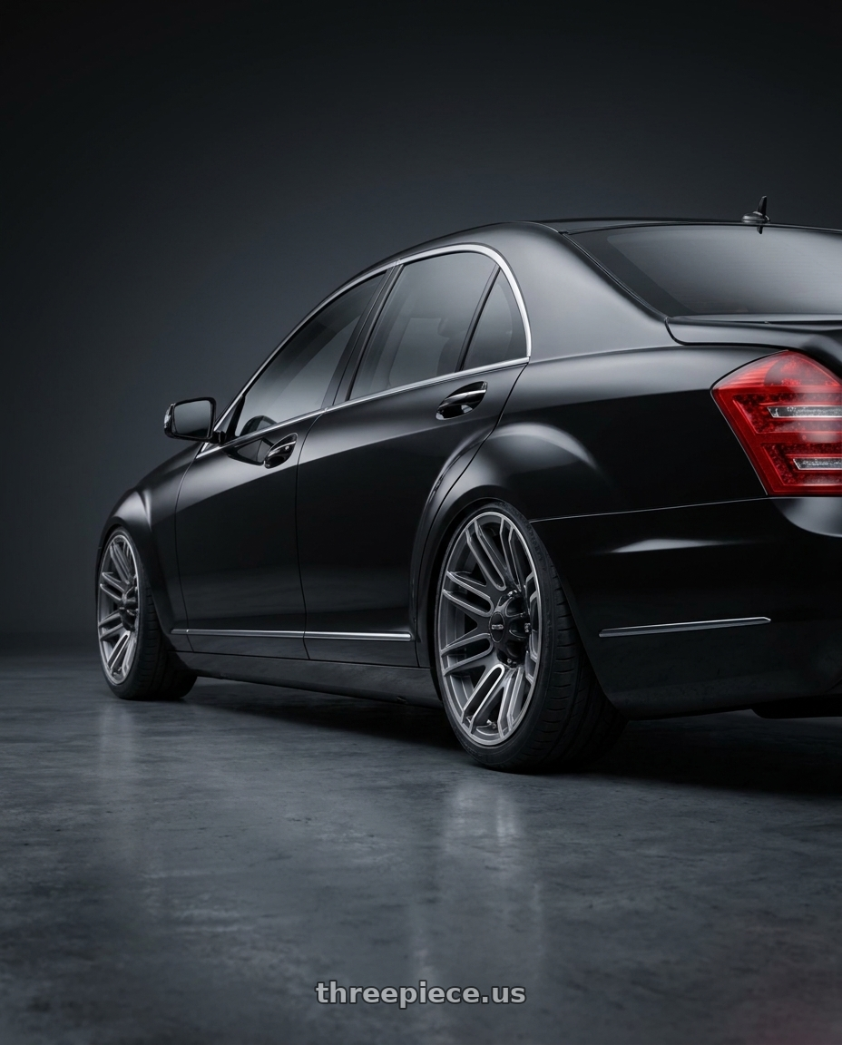 2013 Mercedes Benz S class with Vision ATV 112 Assault 4x110 12x8-10 Gunmetal Machined Face wheels rear three quarter view slight stretch tires