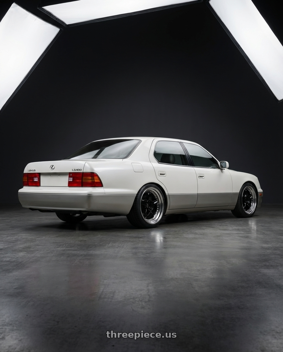 1998 Lexus LS400 with Work Meister S1 3P 5x100 18x9+35 A Disk Black wheels rear three quarter view square tires