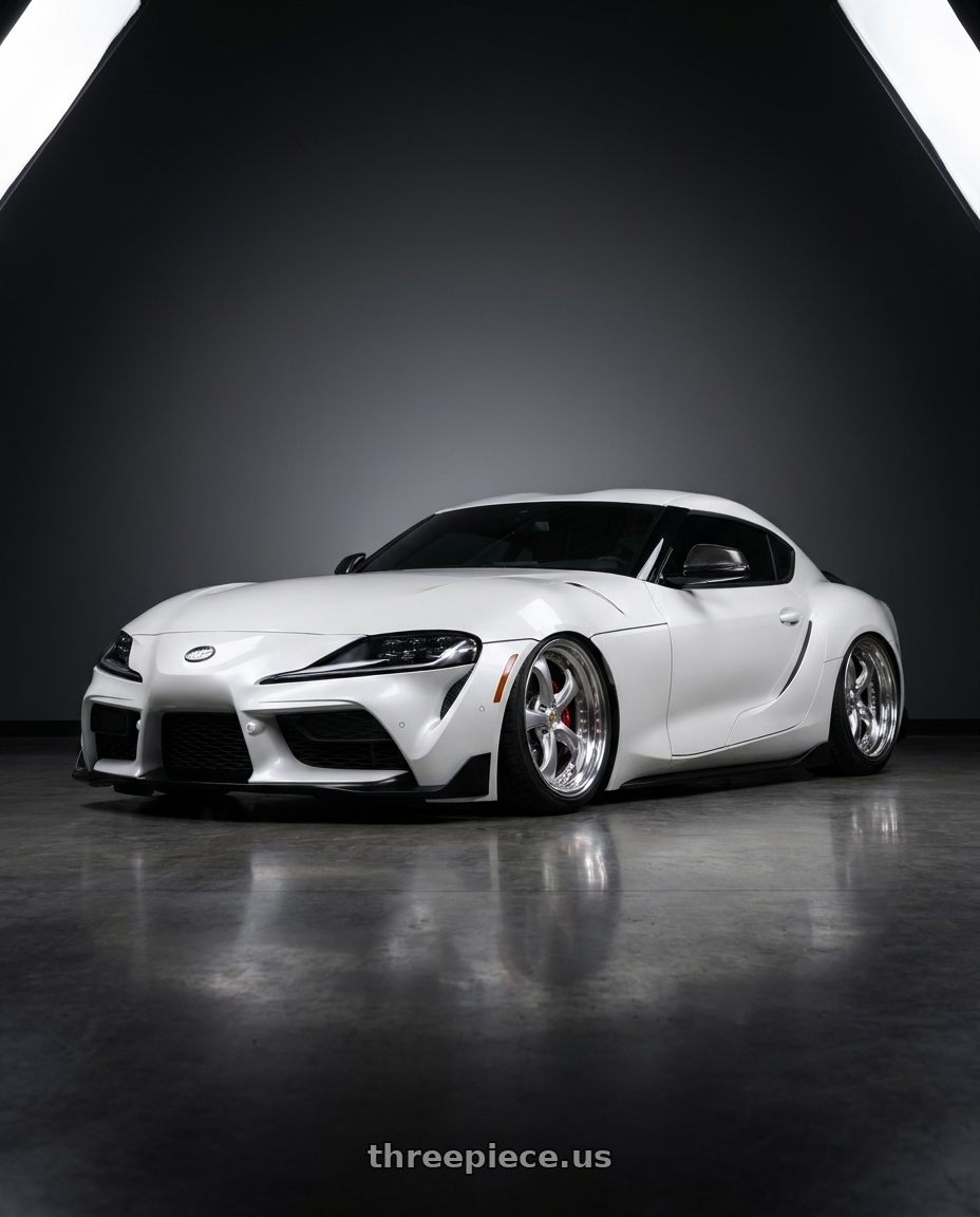 2021 Toyota GR Supra Premium with Work Wheels VS-KF 5x112 19x9.5+27 Light Grey Silver O Disk FULL REVERSE wheels front three quarter view slammed stance