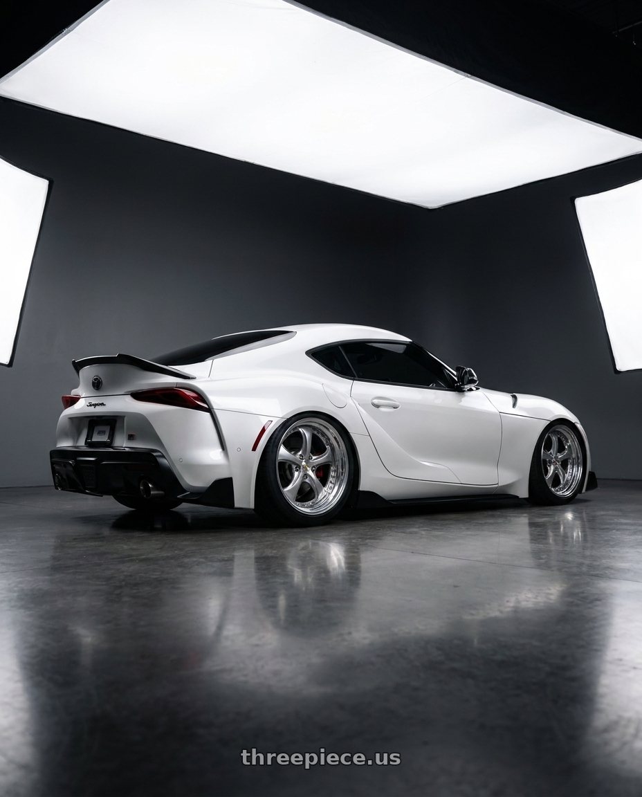 2021 Toyota GR Supra Premium with Work Wheels VS-KF 5x112 19x9.5+27 Light Grey Silver O Disk FULL REVERSE wheels rear three quarter view slight stretch tires