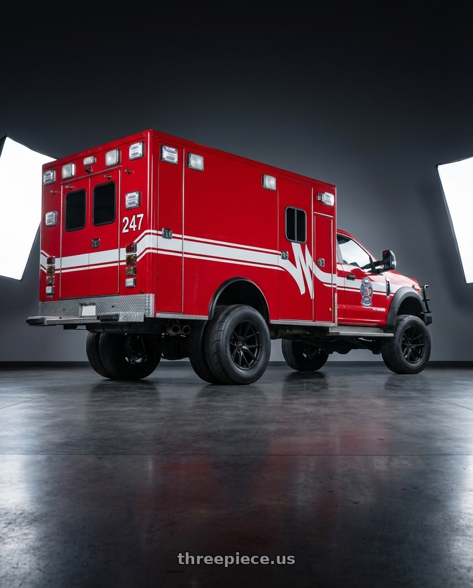 2018 Ford f450 ambulance  with Bravado 08B Tribute 5X115 18x10 +20 Matte Black wheels rear three quarter view excessive tires