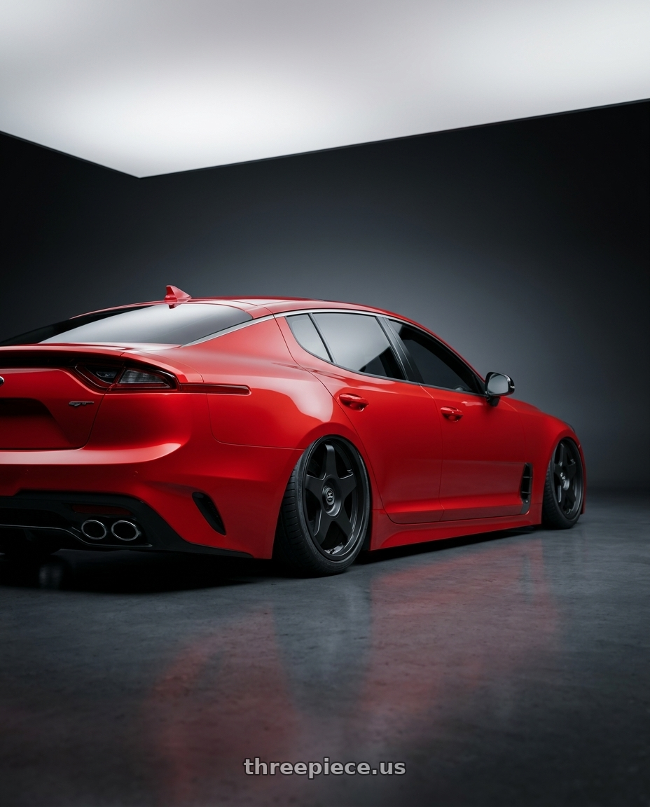 2022 Kia Stinger GT with fifteen52 CHICANE 5x114.3 / 5x120 19x8.5 +35 ASPHALT BLACK (SATIN BLACK) wheels rear three quarter view slight stretch tires