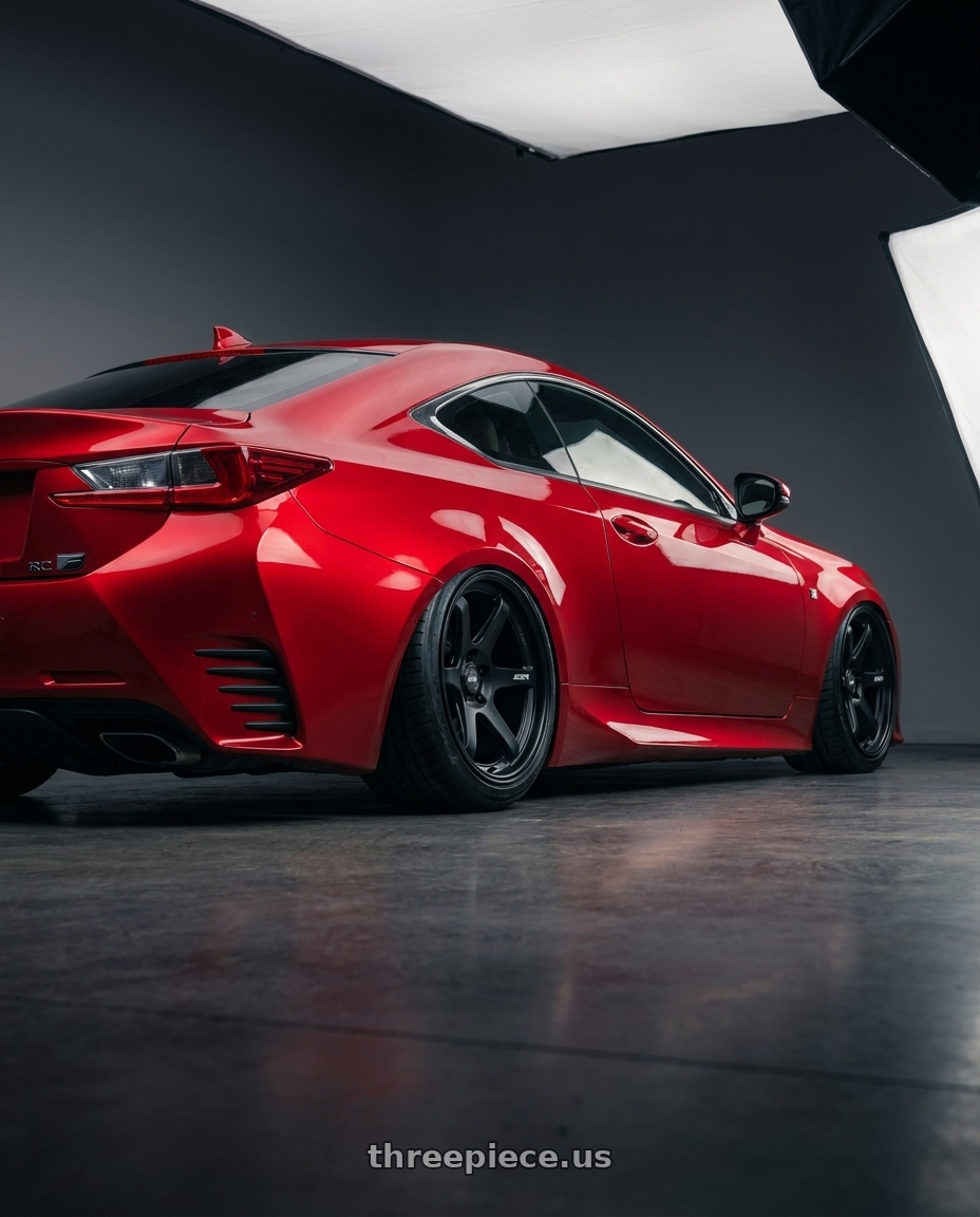 2018 Lexus RC F with ESR Wheels APEX SERIES AP6 5x114.3 19x9.5 +22 Matte Black wheels rear three quarter view slight stretch tires