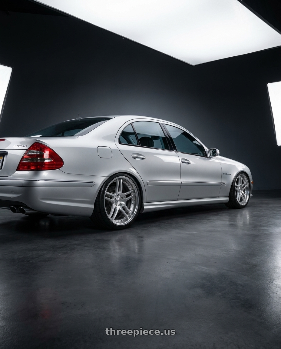2006 Mercedes E55 AMG with Work Gnosis Cvx 5x114.3 19x9.5+45 W Disk Brush Silver Clear wheels rear three quarter view slight stretch tires
