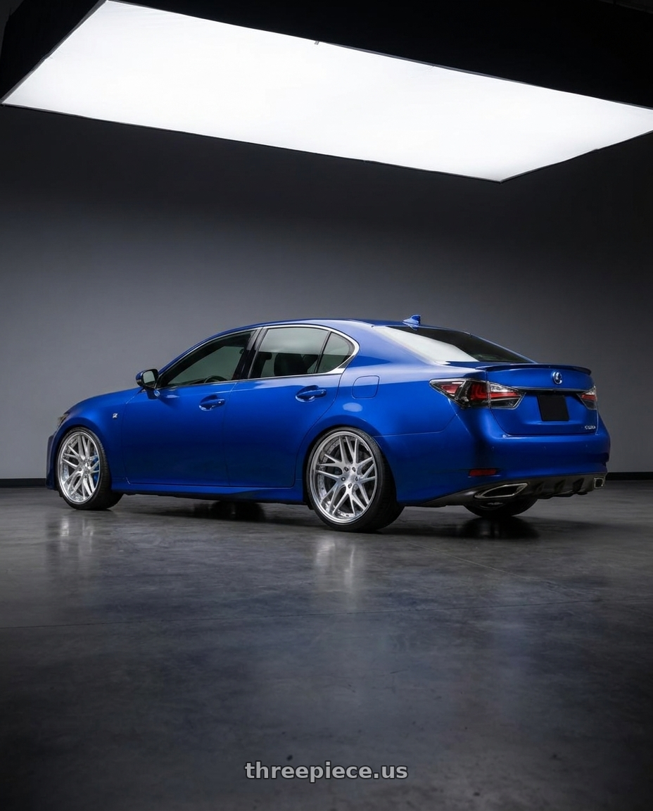 2016 Lexus GS250 Blue with Work Gnosis Cvx 5x114.3 19x7.5+12 W Disk Brush Silver Clear wheels rear three quarter view slight stretch tires