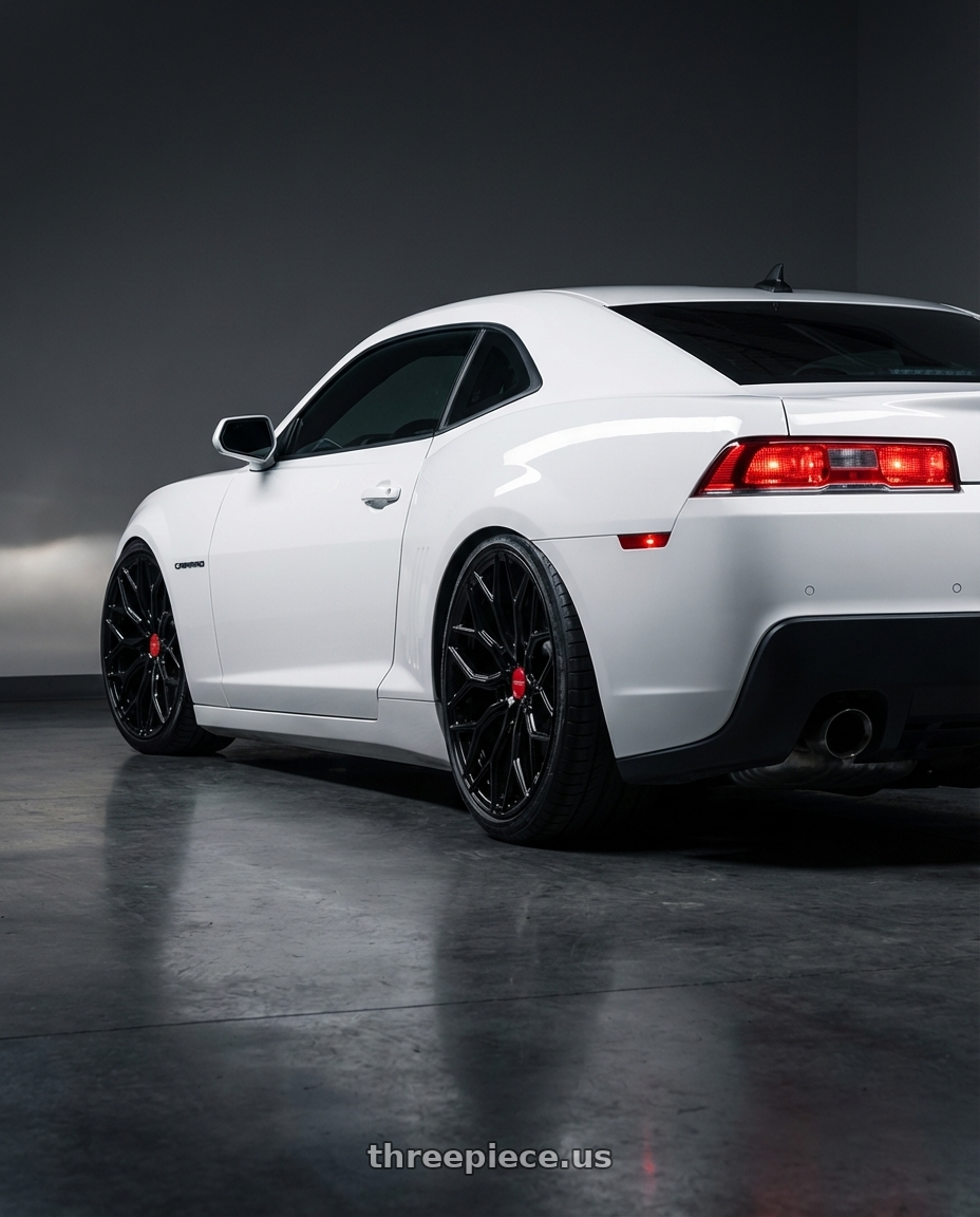2014 Chevrolet Camaro 5th Gen with Vossen HF-2 20x9 / 5x120 / ET35 / Flat Face / 66.9 - Gloss Black Wheel - HF2-0B03 wheels rear three quarter view slight stretch tires